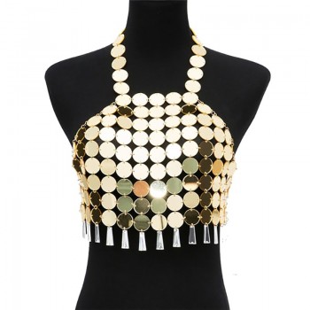 Shiny Sequin Beach Tank Tops Women Fashion Sequined Tassel Halter Backless Crop Top Festival Rave